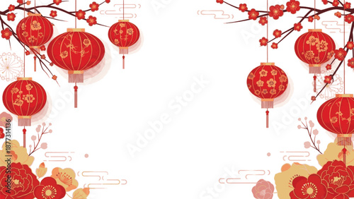Elegant Chinese New Year festive border with hanging red lanterns, blooming plum branches, and decorative cultural elements for celebration designs
