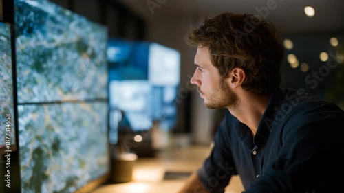 A quality-control inspector analyzing micro-cracks on a turbine blade using a laser scanner, detailed structural maps appearing on a multi-panel screen — industrial safety, defect detection, and