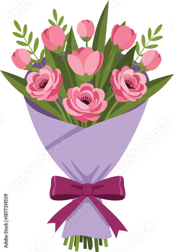 Elegant Pink Flower Bouquet Illustration for International Women's Day Celebration, Greeting Card Design