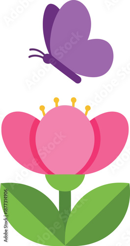 Women's Day Floral Illustration with Pink Flower and Purple Butterfly, Feminine Spring Design