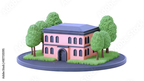3D Model of a Peach-Colored Building with Trees
