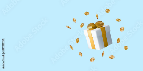 Gift box full of money, golden 3d coin award floating. Rich present concept, cash bonus vector. Invest fund, get profit of bank percent. Deposit income, finance investment revenue. Win lottery jackpot