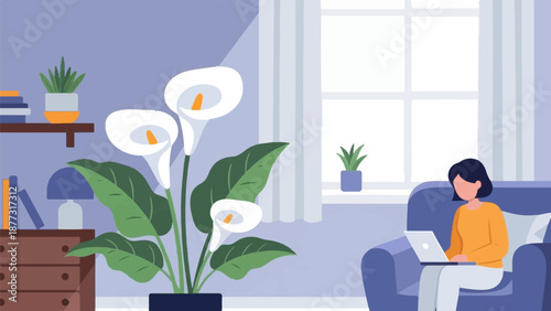 Woman working on laptop in a living room with plants and books