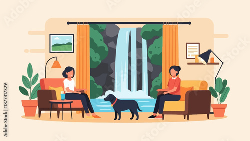 Two women and dog relax indoors with a large waterfall mural as their scenic view