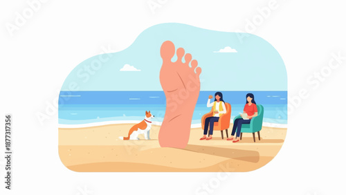 Two women and dog relax on a sandy beach by the ocean with a giant foot in the foreground