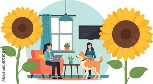 Two women and dog working remotely at home surrounded by sunflowers and cozy decor