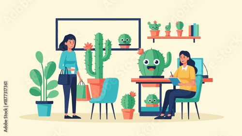 Two women and several cartoon cacti in a room with plants and a desk