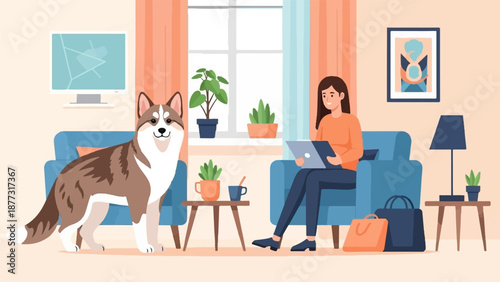 Woman working on laptop with husky dog in living room