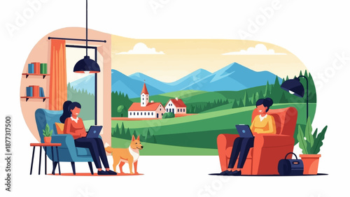 Two women work on laptops in cozy armchairs, with a dog and a serene village landscape