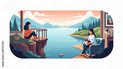Two women enjoying serene lakeside views, one on a balcony with phone, other inside with cat