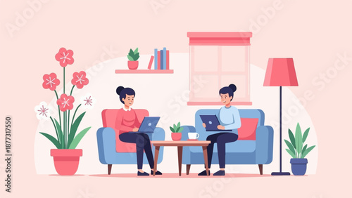 Two women in a cozy room working on laptops, surrounded by plants and flowers