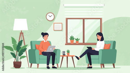 Two women in a room, one with a laptop, the other with a tablet, near a window