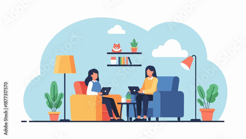 Two women work on laptops while relaxing in comfortable chairs in a cozy room setting