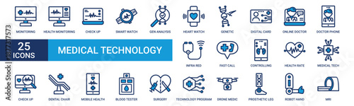 Medical technology icon set. Containing monitoring, health, check up, smart watch, gen, heart, genetic and more. Blue vector icons collection.