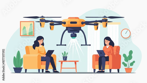 Two women in armchairs with laptops, a drone hovers overhead