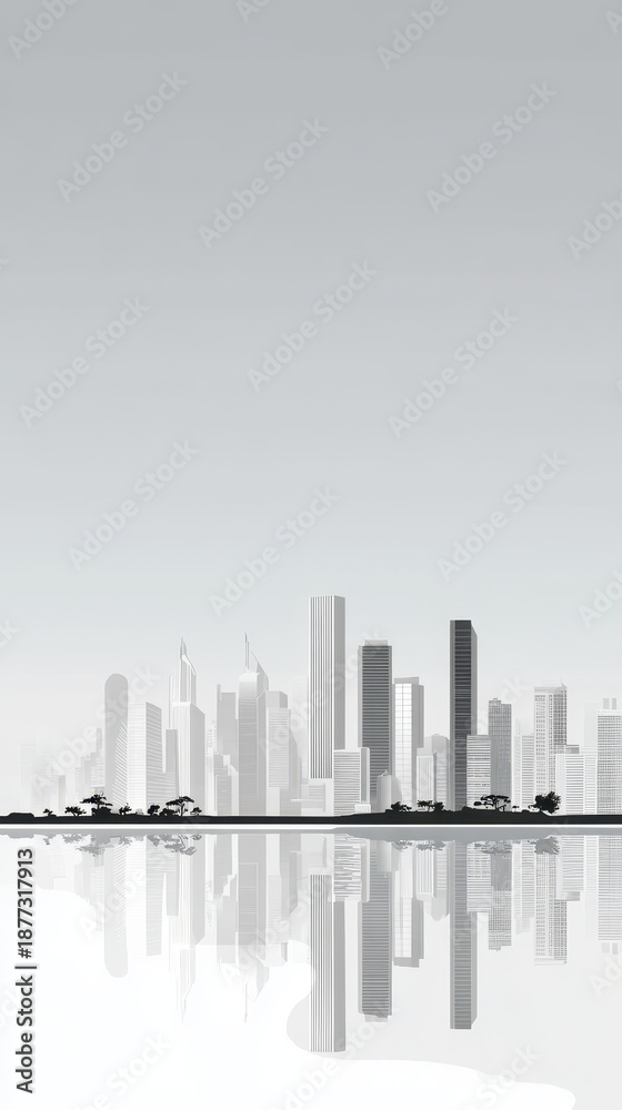 Obraz premium City skyline silhouette reflecting in water, featuring modern skyscrapers against a minimalistic gray background