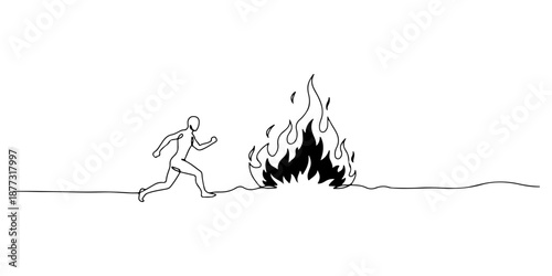 Continuous one line of a figure walking into the fire with bravery, drawn vector illustration.