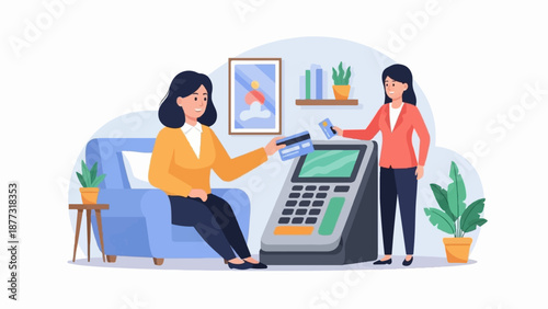 Two women interact with a payment terminal, one seated on a couch holding a card