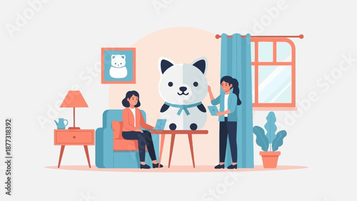 Two women interact in a room with a large stuffed animal and home decor