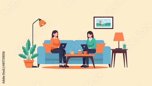 Two women on couch using laptops with coffee and decor
