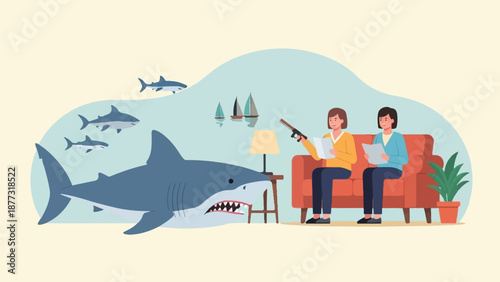 Two women on a sofa with a gun confront sharks in their living room
