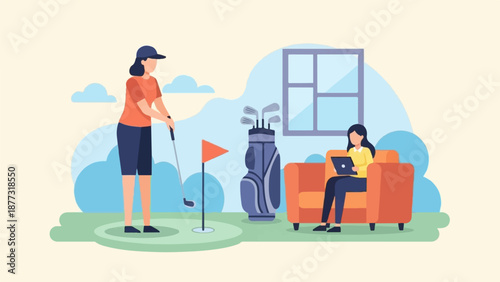 Two women, one golfing indoors, the other working on a laptop