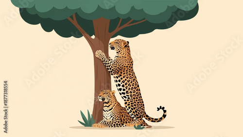 Two spotted wild cats are near a tree, one climbs, the other rests