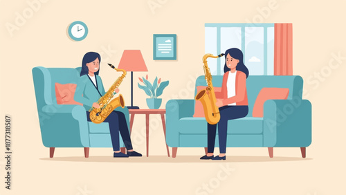 Two women playing saxophones in a living room