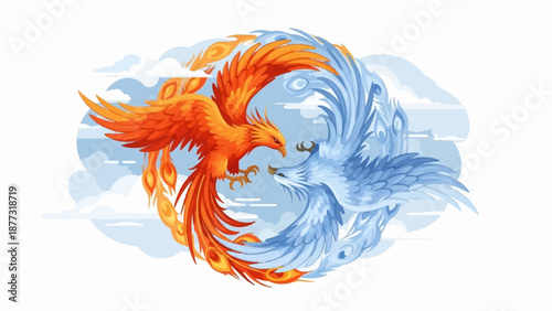 Two stylized phoenix birds, one fiery orange, the other icy blue, form a yin-yang symbol in a cloudy sky