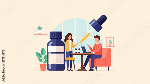 Two people work on a science project with a large bottle and dropper in a modern room