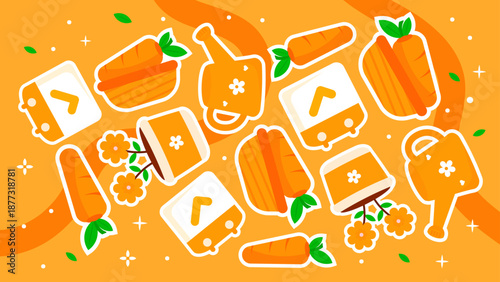 Vibrant pattern of orange watering cans flower pots and harvested carrots with calendar icons