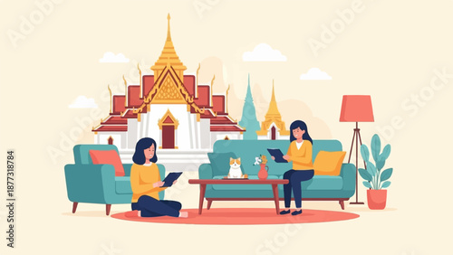 Two women and a cat relaxing indoors with a temple backdrop