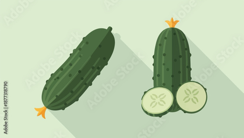 Two whole cucumbers, one sliced, presented in a minimalist, flat design style