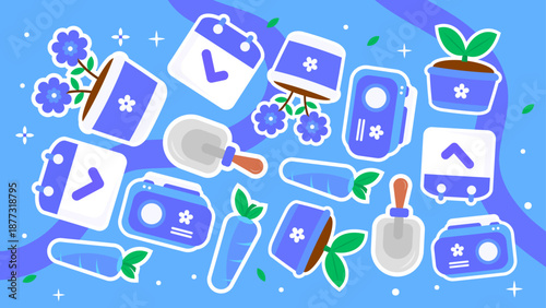 Blue themed pattern showing flower pots hand trowels carrots and gardening schedules