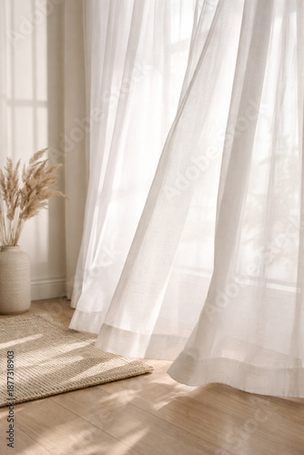 Φωτογραφία White sheer curtains gently blowing in sunlight, creating a serene and airy atmosphere in a room with a wooden floor and pampas grass