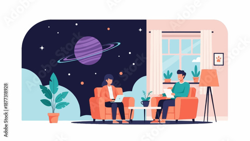 Two people working on laptops in comfy chairs, one in a room, the other in space