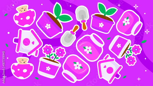 Elegant purple background with flower pots birdhouses and trowels for stylish gardening content