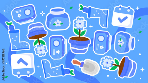 Refreshing blue pattern with rain boots flower pots and calendars for seasonal gardening themes
