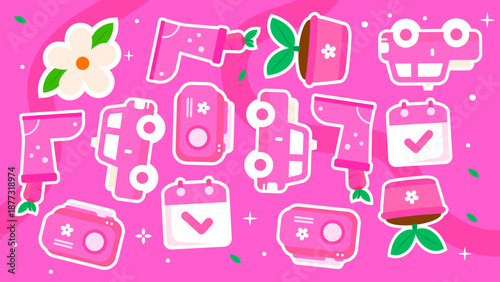 Sweet pink pattern with cameras flower pots and rain boots for feminine gardening and lifestyle videos