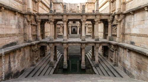 Ancient Indian stepwell with intricate carvings and ornate architecture