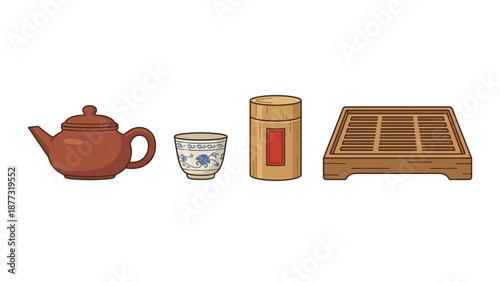 Traditional Chinese tea set with teapot, cup, tea caddy, and wooden tray on a white background.