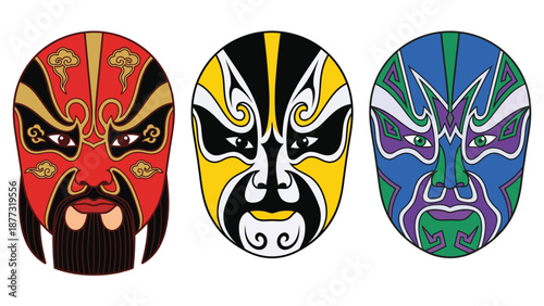 Three vibrant traditional Chinese Peking Opera masks with intricate designs and bold colors displayed side by side.