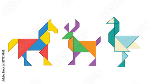 Three colorful tangram puzzles forming a horse, a deer, and a bird on a white background, showcasing geometric animal shapes.