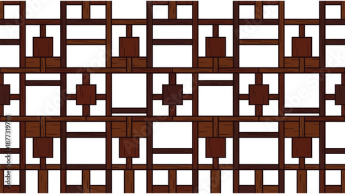 Intricate dark brown wooden lattice screen with a repeating geometric pattern against a white background, showcasing traditional architectural design.