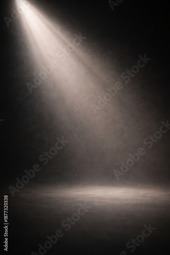 A single beam of light illuminates a dark, dusty stage, creating a dramatic and mysterious atmosphere.