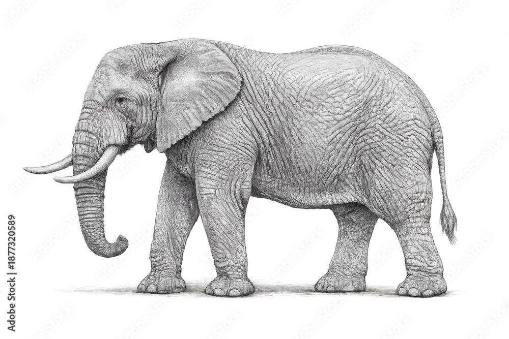 Fototapeta premium Elephant monochrome drawing on transparent background with details view