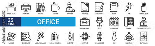Office icon set. Containing work desk, printer, filing, coffee, worker, box file, checklist, book and more. Line vector icons collection.
