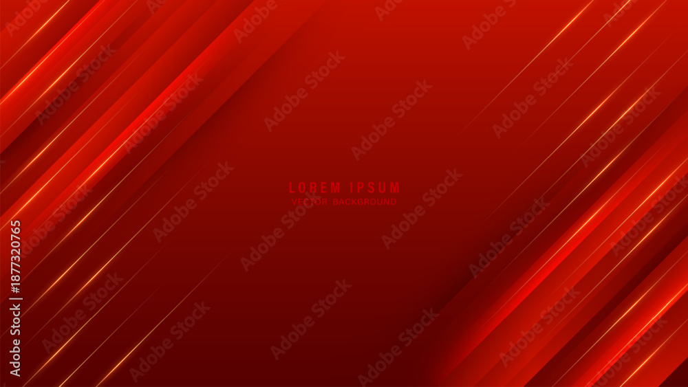 Fototapeta premium Abstract luxury red geometric background with golden glowing diagonal lines