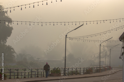 people walking in the fog