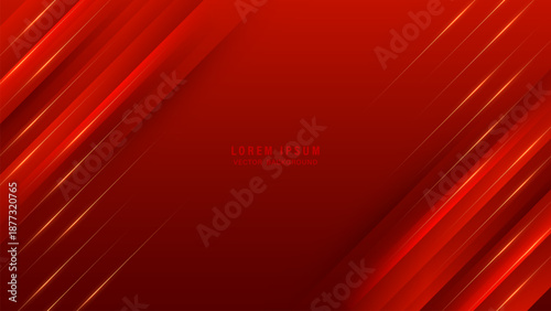 Abstract luxury red geometric background with golden glowing diagonal lines